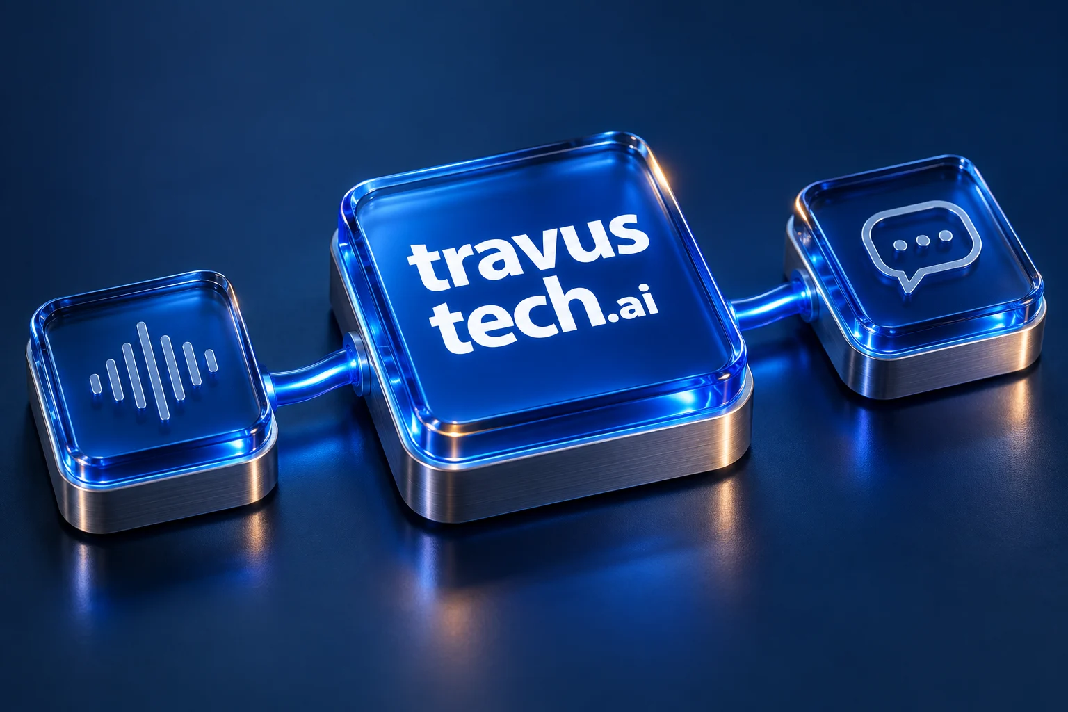 Composição 3D da marca TravusTech.ai em vidro azul, conectada a módulos de voz e atendimento.